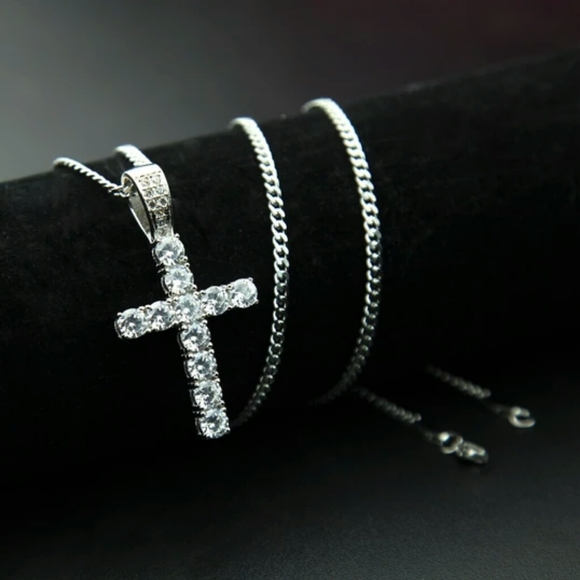 Silver Cross Necklace Diamonds Jesus Cross Chain - Picture 1 of 2
